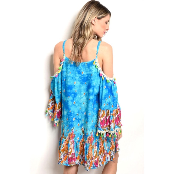 Chase Away The Blues- Boho Cold Shoulder Dress - Picture 3 of 8